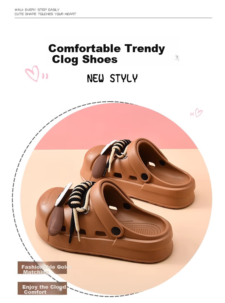 GUOLUOFEI Women's Cute Big Eye Dog Clog Sandals, Soft Sole, Closed Toe, Casual Outdoor Slip-Resistant Thick-Soled Beach Shoes, Brown Size 44-45 2
