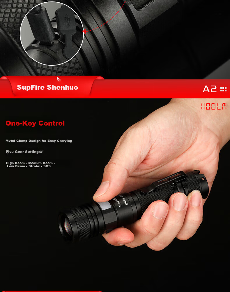 SupFire Superfire Mini Flashlight A2 15W+2200mAh Built-in Battery P50 5