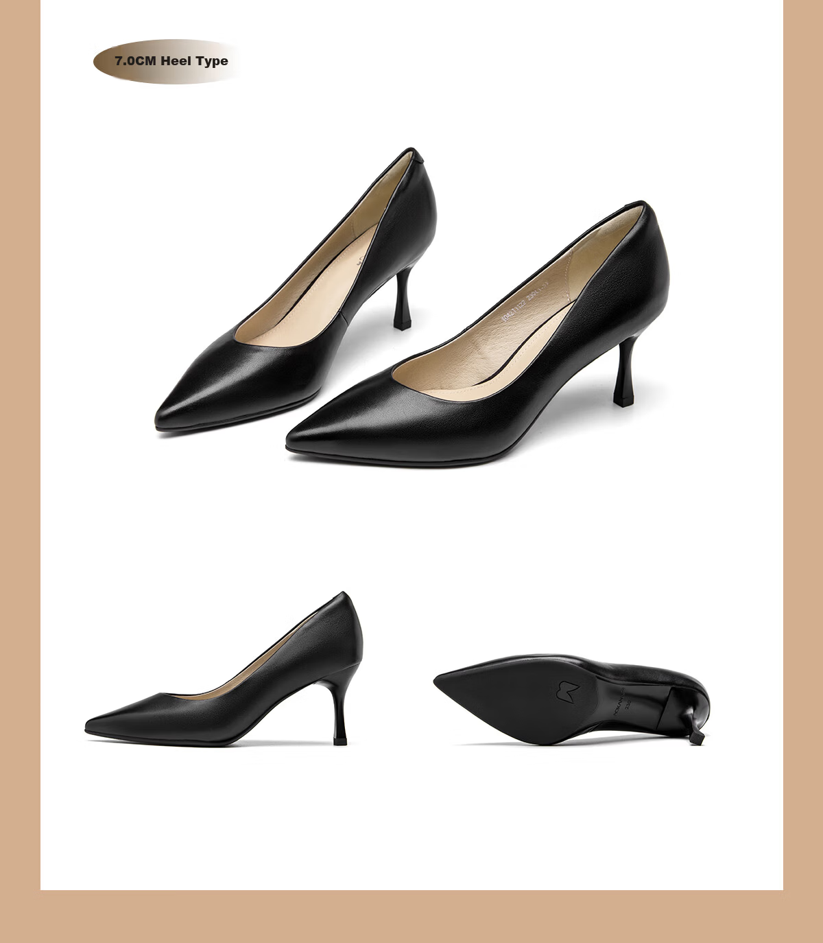 Aokang Official Women's Leather High Heels, Black Thin Heel Professional Work Shoes, OL Pointed Toe Low-Cut Pumps, Size 35 22