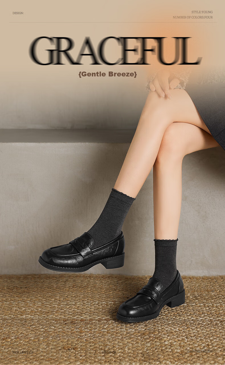 DAPHNE British Style Black Leather Shoes for Women, 2026 New Summer Thick Mid-Heel Loafers, Commuter Work Slip-On Flats 1