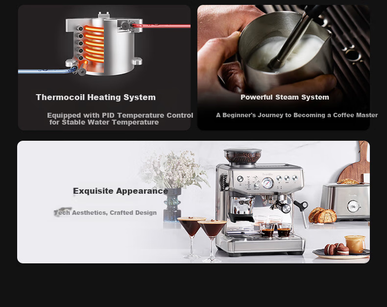 Breville BES876 Semi-Automatic Espresso Machine Home Italian Integrated Grinder and Milk Frother Smart Tamper Assistance System Large Capacity Water Tank 25-Level Grinder White 3