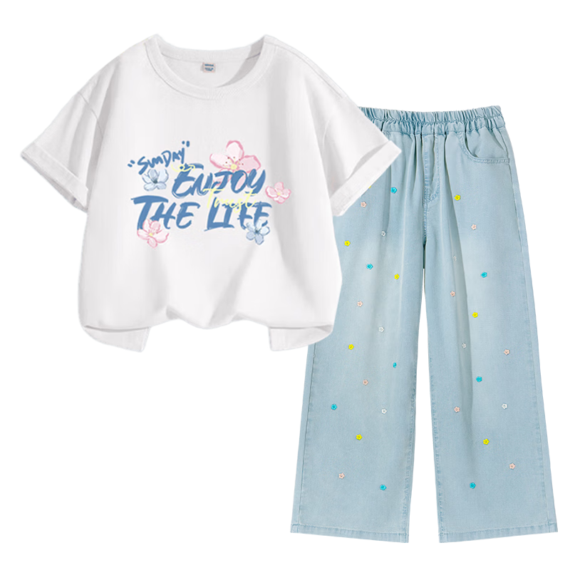 Baleno YBB Series Girls' Summer Set Big Kids Stylish Short Sleeve T-Shirt Two-Piece Children's Cool Tencel Wide-Leg Pants