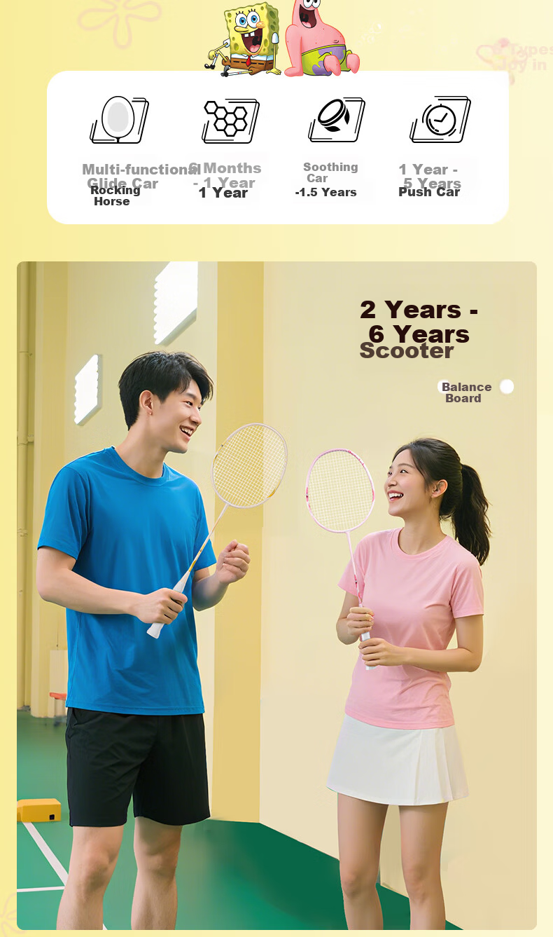 KAWASAKI SpongeBob Collaboration Series Composite Carbon Cartoon Bobby Yellow Double Badminton Rackets 10