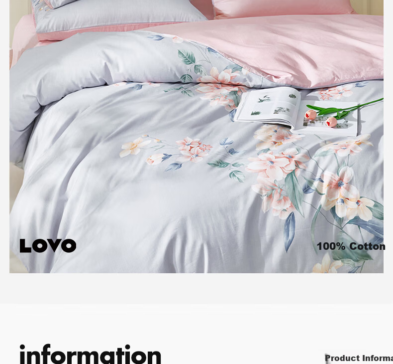 LOVO Luolai 100% Cotton Three-Piece Bedding Set Floral Bed Sheet Duvet Cover Pillowcase 150x215cm Gray 2