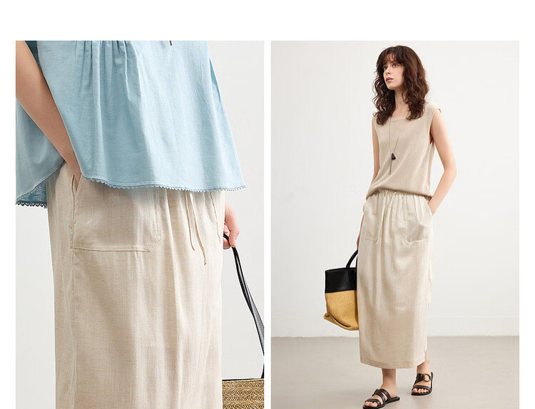 Demana [with Linen Lyocell] Summer Minimalist Commuter Split Drawstring Elastic Waist Slimming Mid-Length Skirt for Women 4