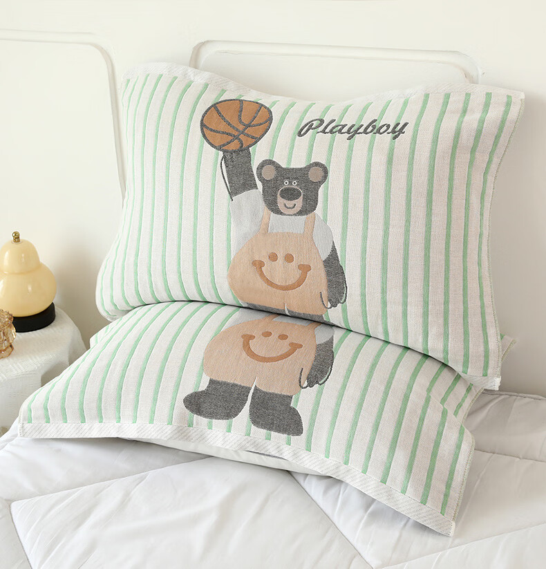 MUJI A-Class 100% Cotton Four-Layer Gauze Pillowcase Set with Elastic Band 52x78cm Bear Pattern, Pair 13