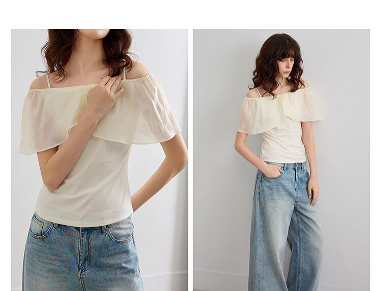Demana [with Lyocell] Summer Sweet Style Patchwork Ruffle Spaghetti Strap Sleeveless Slim Fit Elegant Slimming Women's T-Shirt 5