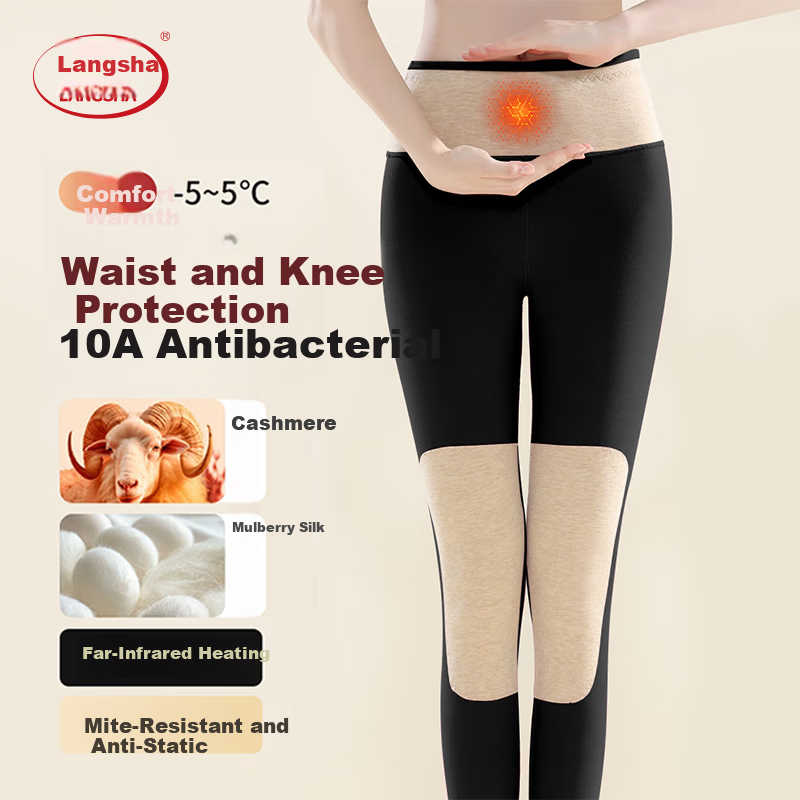 LangSha High Waist Women's Autumn Thermal Pants Thin Wool Silk Leggings Waist and Knee Support Extended Patch Plus Size Warm Pants