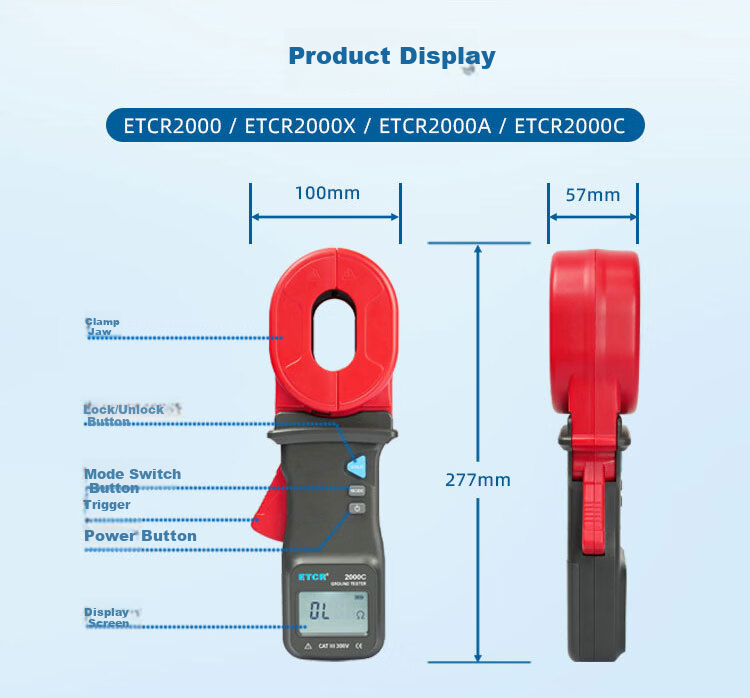 ETCR ETCR2000A Clamp Ground Resistance Tester 500Ω Clamp Meter Lightning Protection Grounding 55×32mm 17