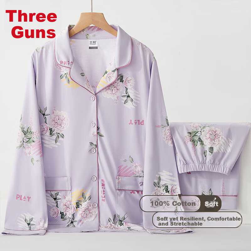 Threegun Dream Series Women's Long Sleeve 100% Cotton Anti-Mite Pajamas Autumn Winter Homewear
