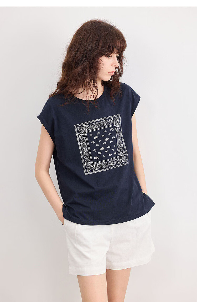 Demana [Cool Sorona] Summer Retro Print Crew Neck Short Sleeve Loose Casual Simple Versatile Women's T-Shirt 20