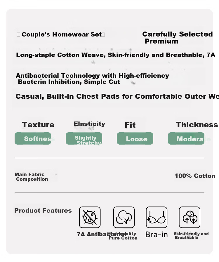 Seven Color Spinning 7A Mite-Removing Antibacterial Pure Cotton Couple Pajamas Women's Homewear Crew Neck Pullover with Chest Pad Spring, Size M 1