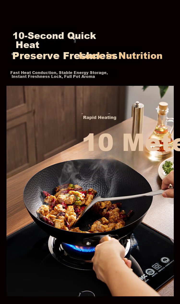 REDCHEF Titanium Iron Non-Stick Wok No Coating Titanium Healthy Hammered Pattern Lightweight Gas and Induction Stove Stir-Fry Pan 14
