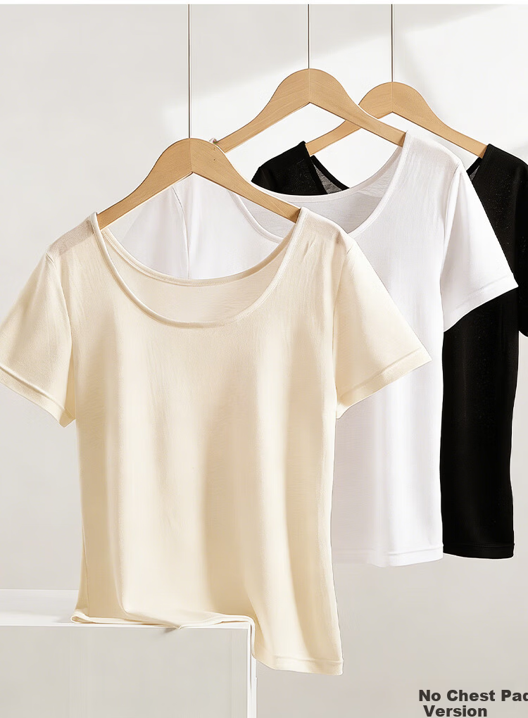 Audifine Women's Crew Neck Base Shirt U-Neck Top Spring Summer Cool Lyocell Short Sleeve T-Shirt Slim Soft Black M 2