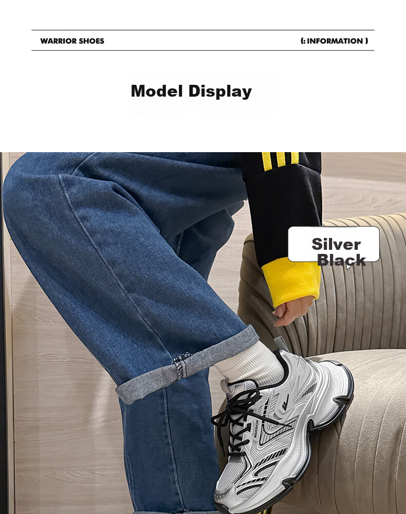 Warrior Women's 2026 Spring Mesh Thick-Soled Dad Sneakers Fashion Casual Shoes Black Silver Size 35 12