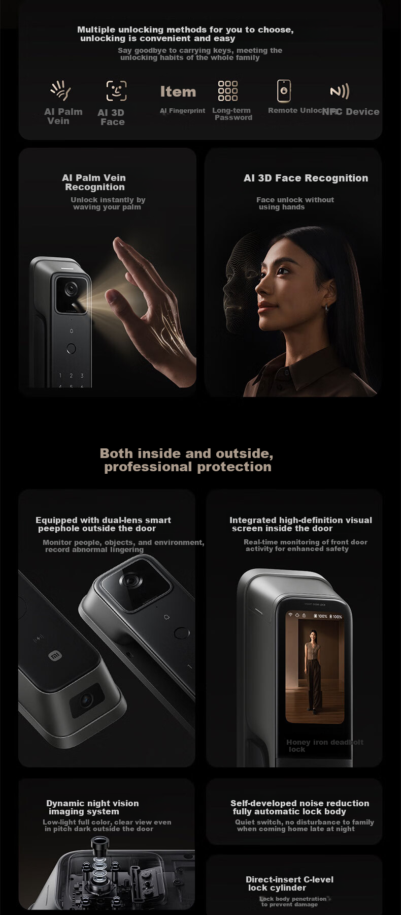 Xiaomi Smart Door Lock 4 Pro Dual-Camera Facial Recognition Palm Vein Cat Eye Large Screen Home Smart Lock 4