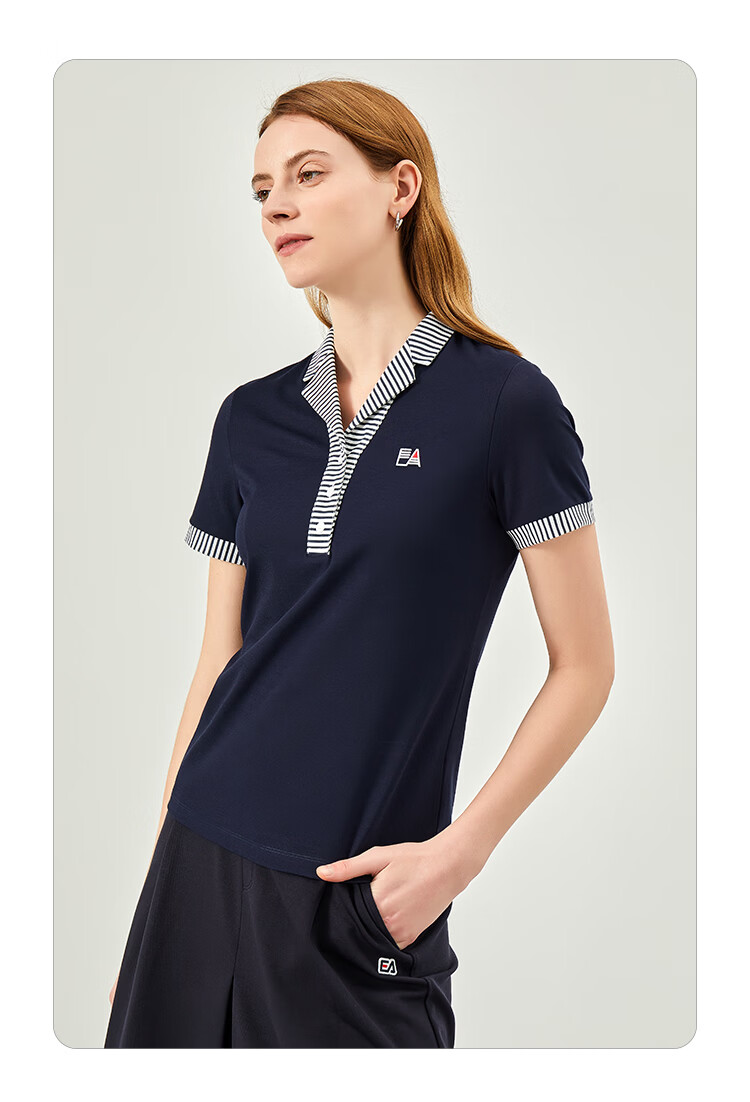 ELLE ACTIVE Classic Striped V-Neck Short Sleeve T-Shirt for Women Casual Slim Fit Top Summer Navy Blue S 10