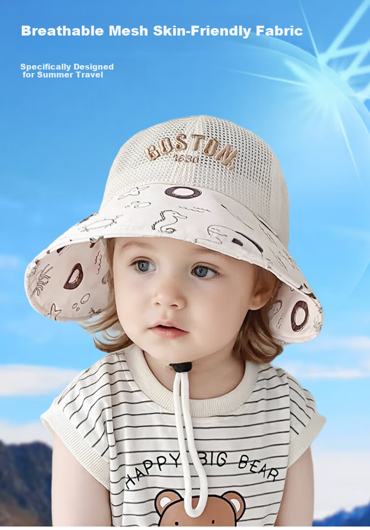 9i9 Baby Hat Cartoon Ocean Summer Wide Brim Sunshade Thin Sunscreen Adjustable Unisex Kids F20 Beige 1-5 Years 3