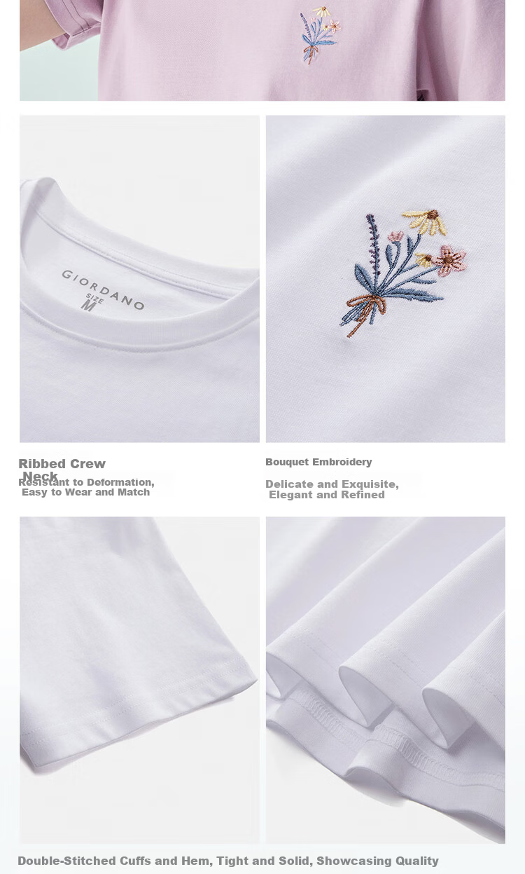 Giordano Women's Short Sleeve T-Shirt 2026 Summer Pure Cotton Bouquet Embroidery Forest Style Crew Neck Casual Top 13326320 7
