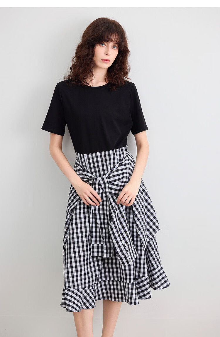Demana Faux Two-Piece Style Summer Urban Casual Plaid Patchwork Round Neck Waist-Slimming Mid-Length Dress for Women 15