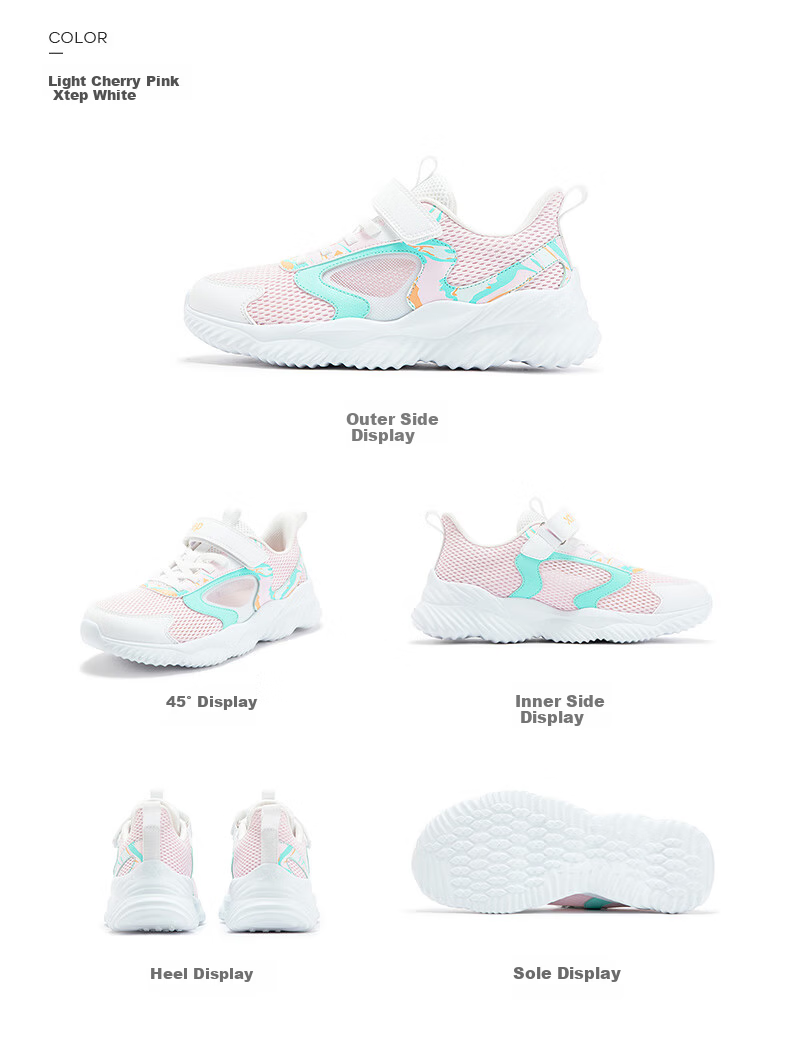 XTEP Children's Shoes, Girls' Sneakers for Older Kids, Mesh And Leather Patchwork, Velcro Running Shoes, Snow Purple/XTEP White, Size 40 15