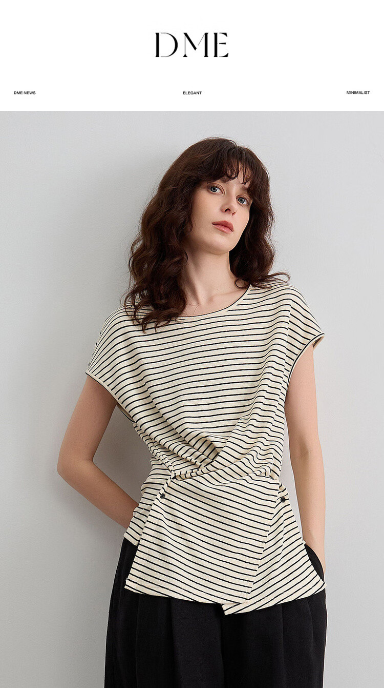 Demana [Mianyun Xiaoqi] Summer Simple Style Colorblock Striped Twist Round Neck Slim Fit Women's T-Shirt 1