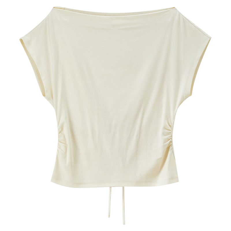 Shangdu Bila Back Waist Hollow Out Pleated Cotton Blend T-Shirt Women Spring Summer Petite Raglan Short Sleeve Slim Fit Top