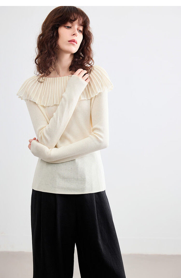 Demana Women's Elegant Spring Off-Shoulder Ruffle Slim Fit Knit Sweater with Mulberry Silk and Wool 16