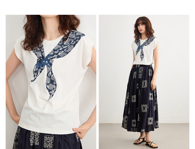 Demana [Cooling Black Technology Sorona] Summer Vintage Floral Bow Tie Round Neck Short Sleeve Loose Women's T-Shirt 7