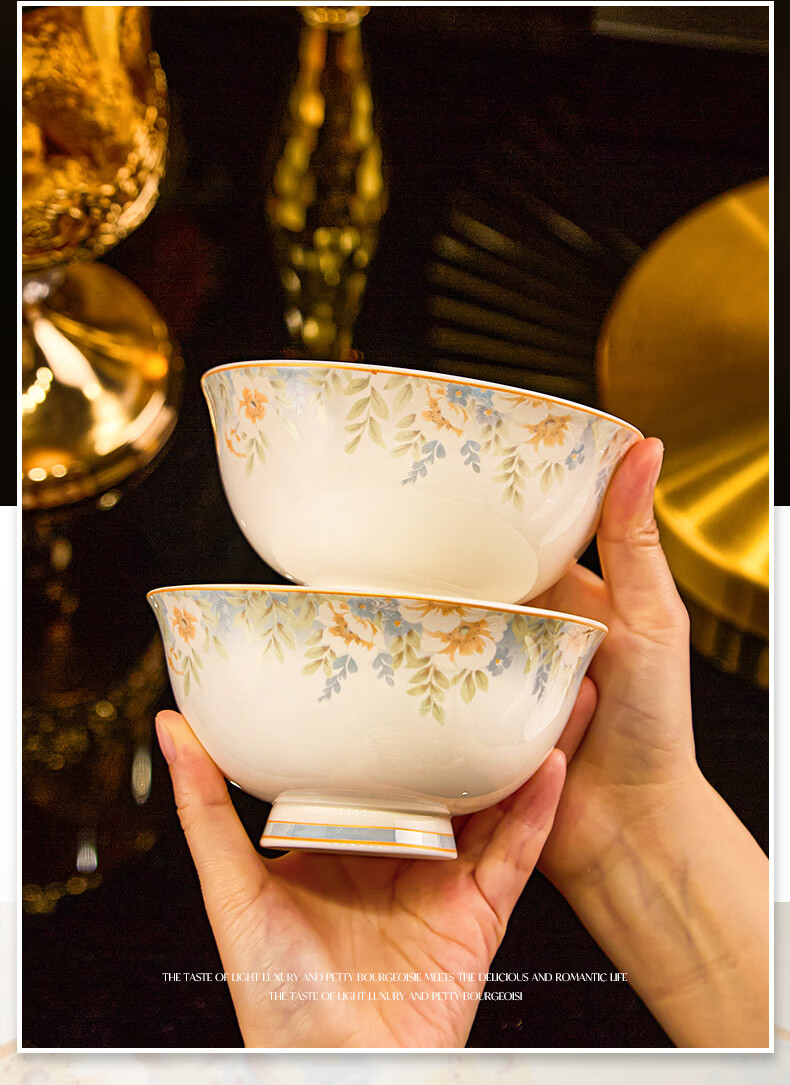 NINE CRANES Jingdezhen Ceramic Rice Bowl Set, 4.5-Inch High-Temperature Porcelain Bowls, Luxury Home Dining, 10 Pieces 5