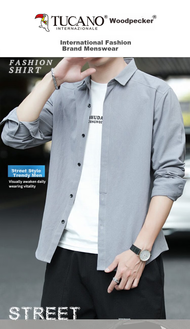 TUCANO Men's Casual Long Sleeve Shirt Loose Fit Spring Autumn Jacket Gray XL 1