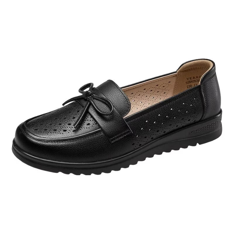 Eierkang Flat Soft Sole Breathable Hollow Out Elderly Women's Sandals Mom Shoes 29992W Black 36
