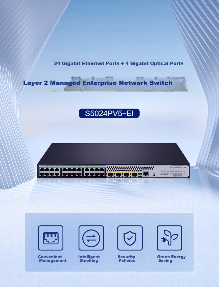 H3C S50005V5-EI Series 24-Port Gigabit Switch with 1m Ethernet Cable, 24-Port PoE + 4 Optical Ports Layer 2 Managed Switch, Enterprise Network Splitter, Rack-Mountable 1