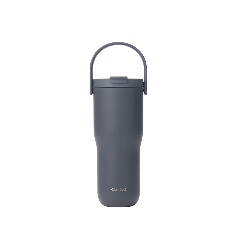 GLASSLOCK Loop Handle Insulated Tumbler Large Capacity Coffee Mug Portable Straw Cup 650ml Charcoal Black