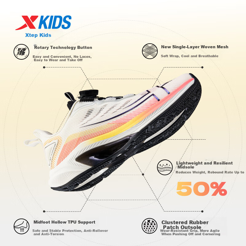 XTEP Kids Children's Shoes Daofeng 1.0 Boys' Cushioned Breathable Mesh Running Shoes Sail White/Silver Size 33