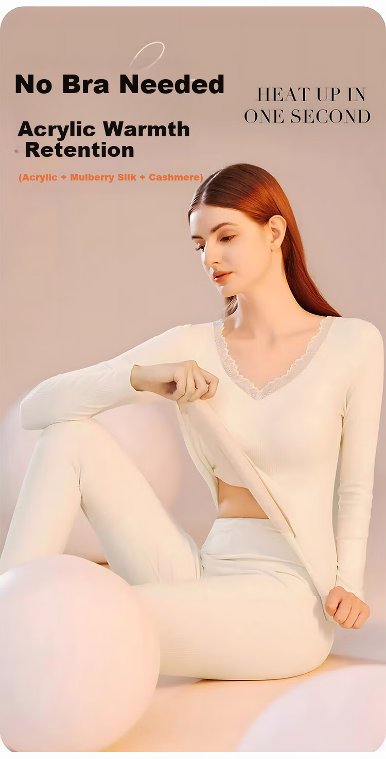 Tingmei Women's Thermal Underwear with Built-in Chest Pad, One-piece Bra-free Patch, Autumn Winter Fleece Thickened Body Shaping Set 2