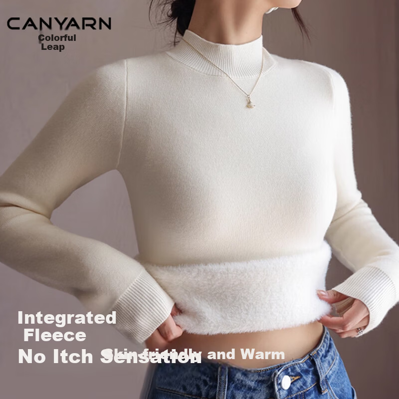 Caiyue Women's Knitted Thermal Fleece-Lined Half Turtleneck Sweater Autumn Winter Thick Warm Pullover