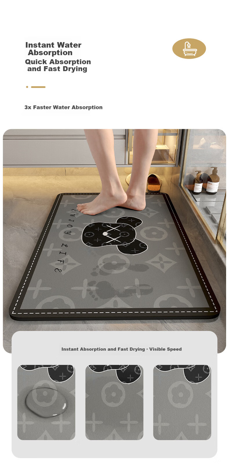 ZHUJUN Bathroom Absorbent Diatom Mud Bath Mat Non-Slip Quick-Dry Doorway Rug Foot Mat for Washroom 3