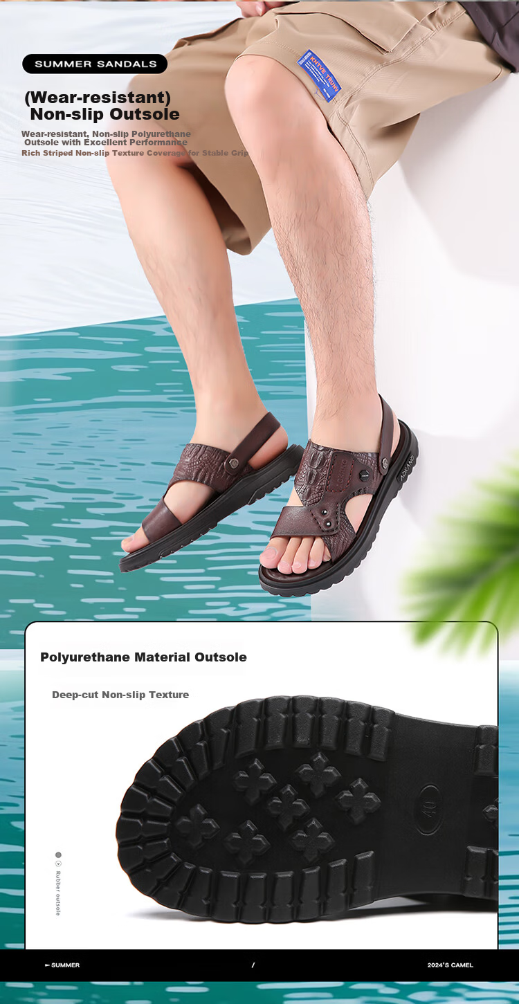 Aokang Men's Leather Beach Sandals, Casual Leather Slippers, Middle-Aged And Elderly Dad Shoes, Two-Way Wear, Large Size Slippers, Brown, Size 38 2