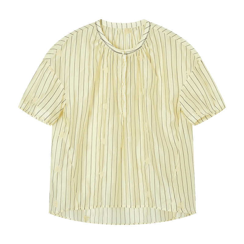 Demana [Comfortable Lyocell] Summer Textured Half-Placket Lace Collar Striped Embroidered Loose Slimming Shirt for Women Premium