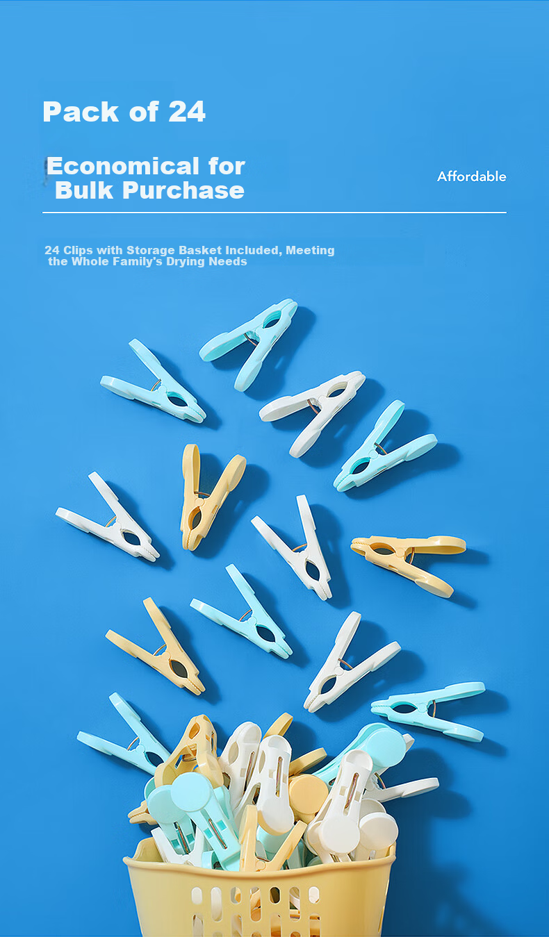 LYNN Plastic Clothes Pegs, 24-Pack Windproof Laundry Clips for Socks, Sheets, and Underwear 3