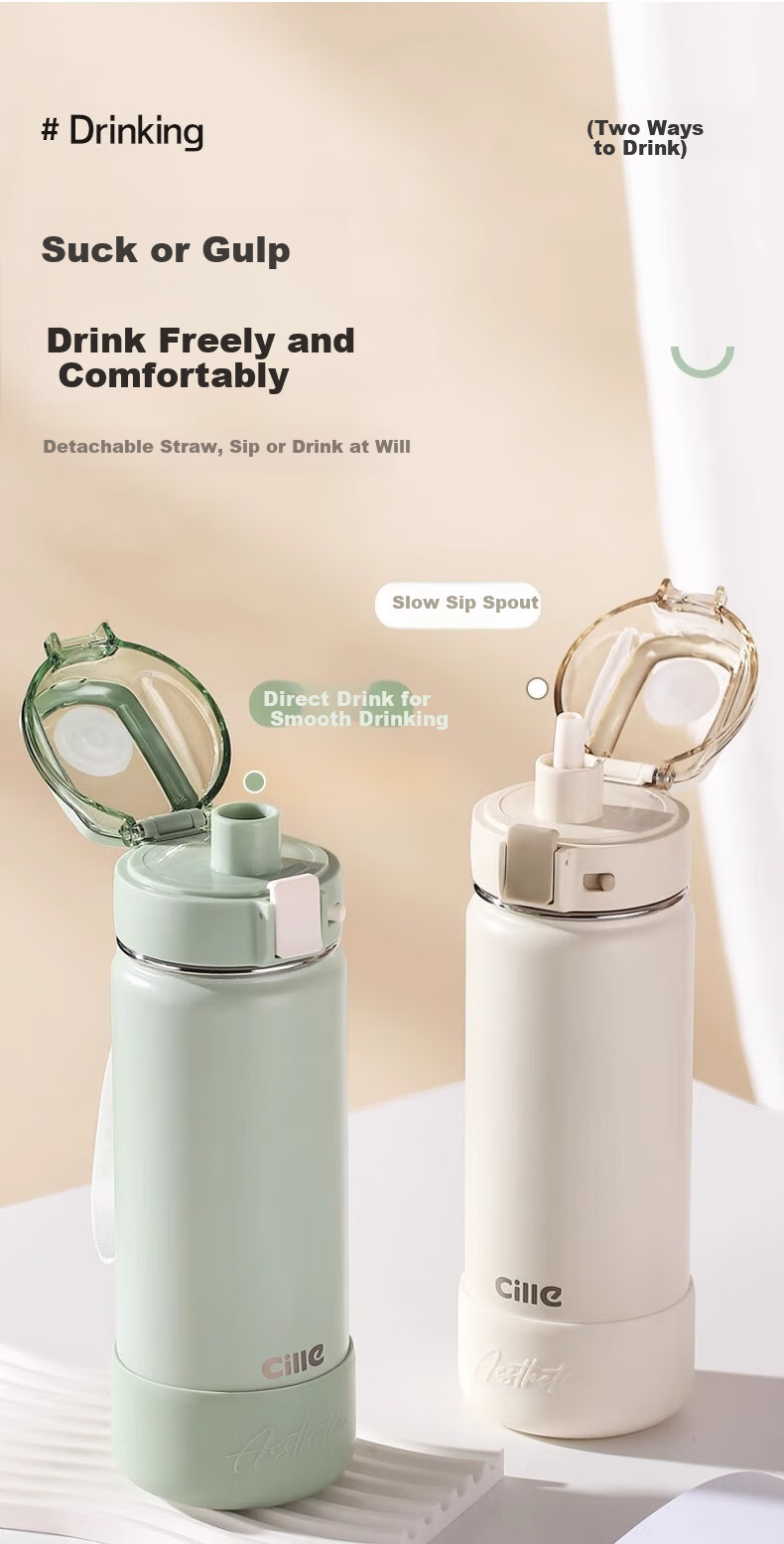 Cille 316 Stainless Steel Insulated Large Capacity Men's Straw Cup Portable Sports Water Bottle Milk Coffee White 600ml 1