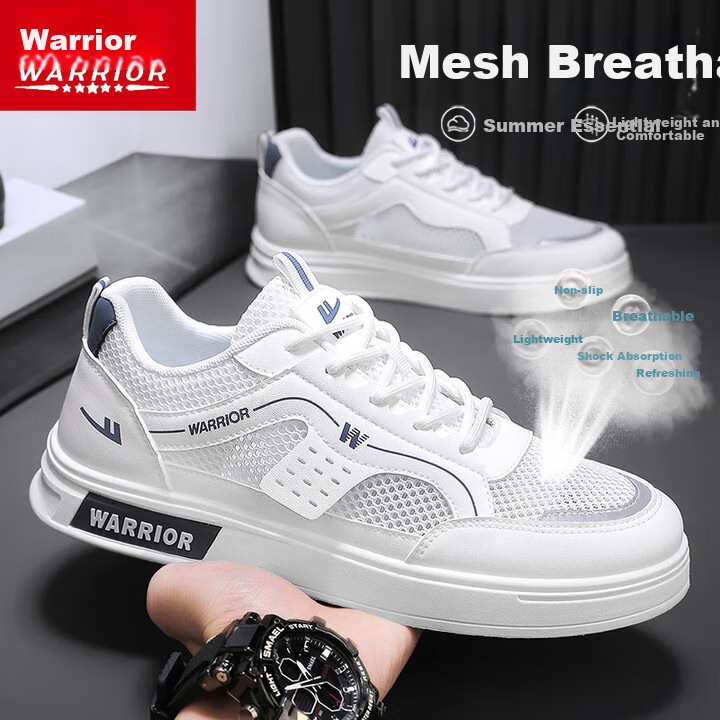 Warrior Official Men's Summer Breathable Mesh Sneakers Lightweight Hollow Thin Sports Shoes 586 White Blue Size 44