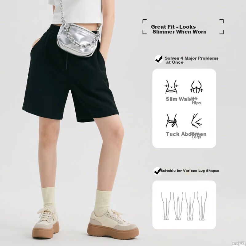 Baleno Women's Summer New Pure Cotton Loose Casual Sports Shorts Elastic Waist Slim Straight Five-Point Pants