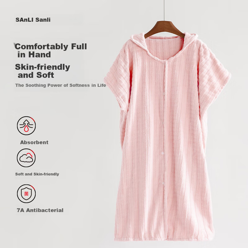 Sanli Home Hooded Bath Skirt Women Quick-Dry Water-Absorbent Lint-Resistant Towel Bathrobe Men Couples Bathrobe Sleepwear Pink