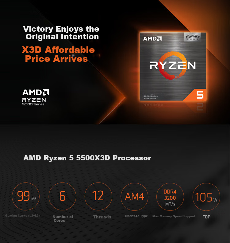 AMD Ryzen 5 5500X3D Processor 6-Core 12-Thread 99MB Cache Up to 4GHz Boxed Gaming CPU for Delta, Valorant, CS2 2