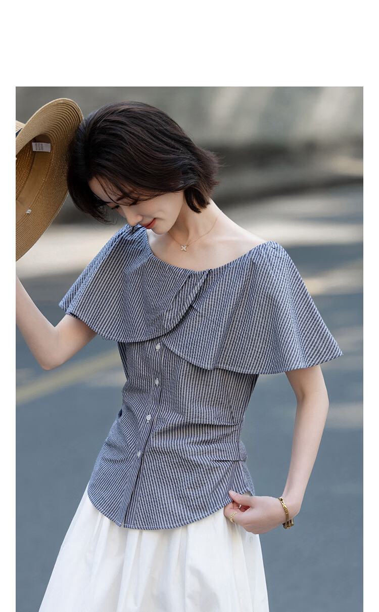 Demana [Cloud Soft Pure Cotton] Summer Heavywork Ruffle Elastic Off-Shoulder Striped Slim Fit Shirt for Women Premium Feel 10