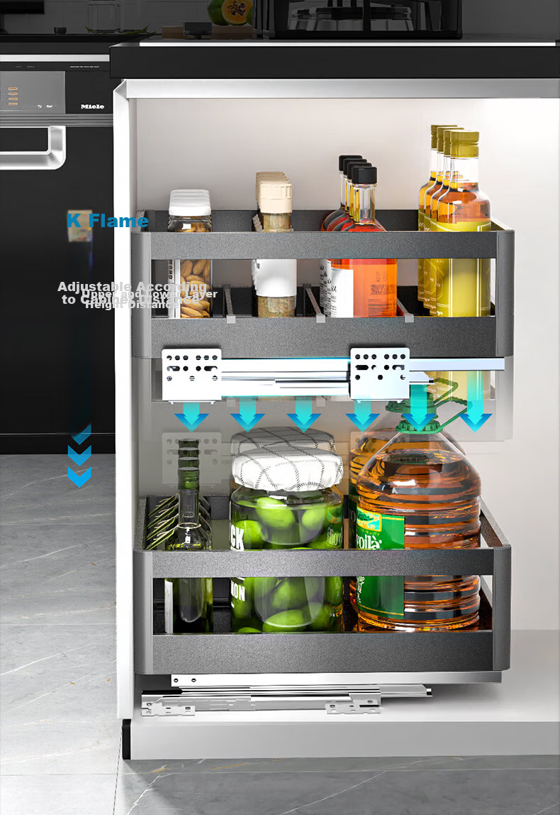 Micoe Four Seasons Pull-Out Spice Basket Double-Layer Aluminum Alloy Soft-Close Kitchen Cabinet Drawer Organizer Rack 2