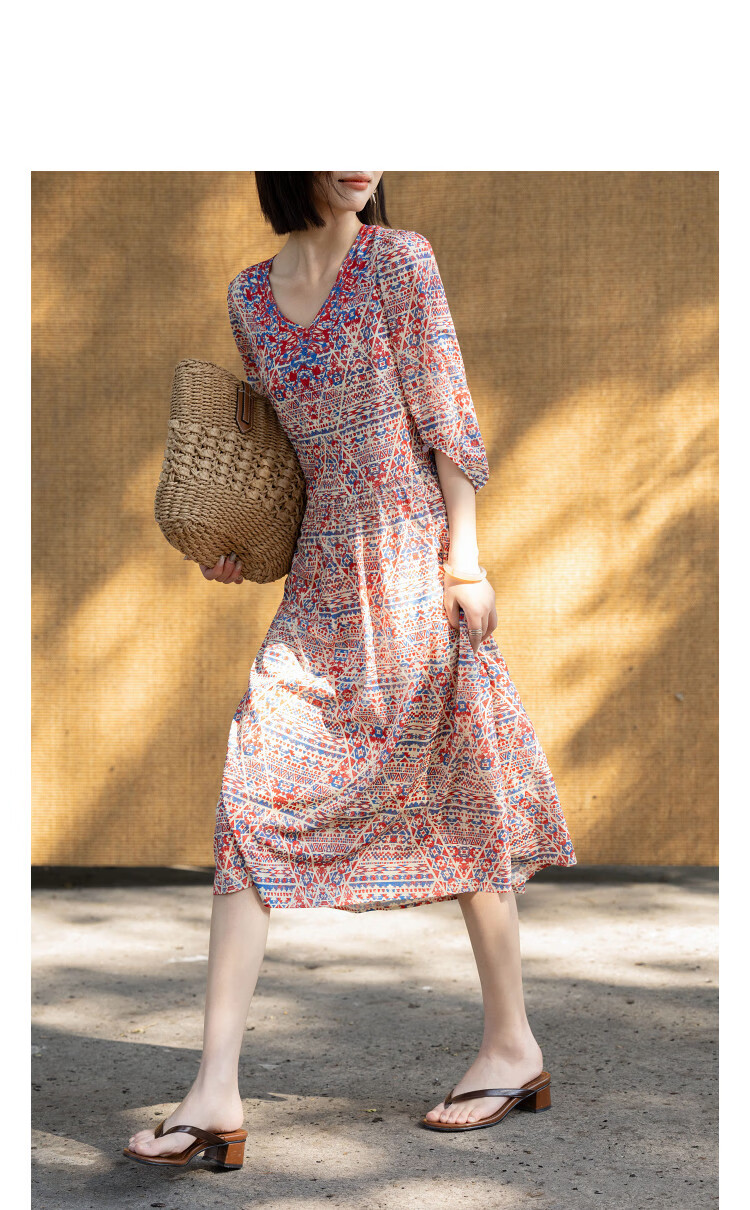 Demana [Flowers and Poetry] Summer Elegant V-Neck Printed Sleeve Belted Slim Dress for Women High-End Feel 11