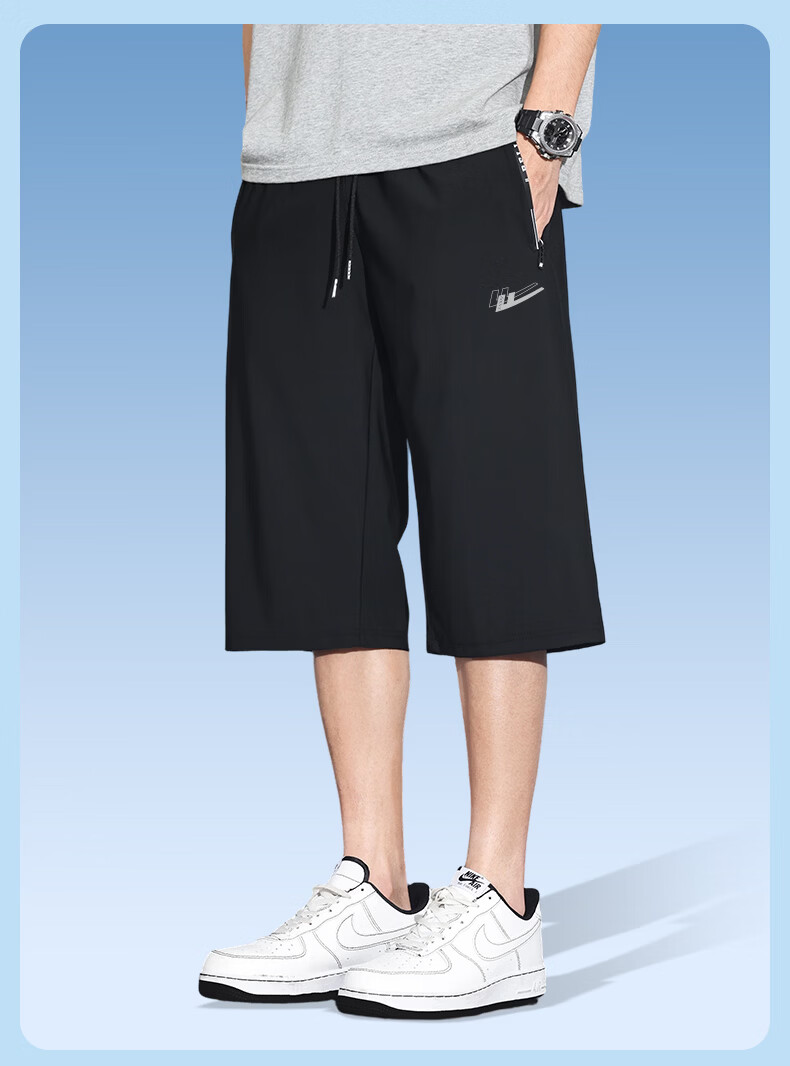 Warrior Men's Summer Quick-Dry Seven-Point Pants Breathable Ice Silk Casual Sports Pants Black XL 6